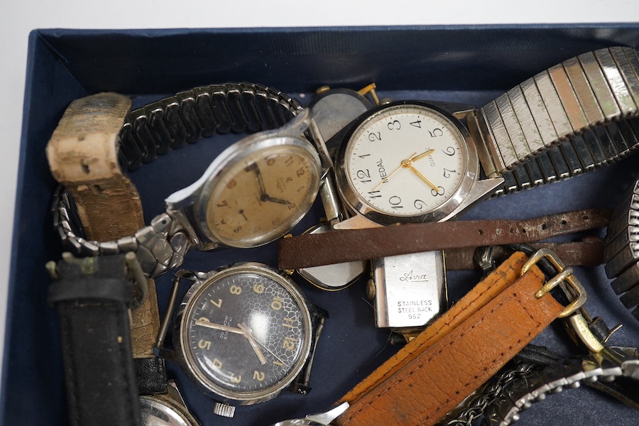 A group of eleven assorted lady's and gentleman's wrist watches including a steel Timex automatic, two steel Avia manual wind wrist watches and a steel Cyma Triplex Cymaflex manual wind wrist watch. Condition - poor to f